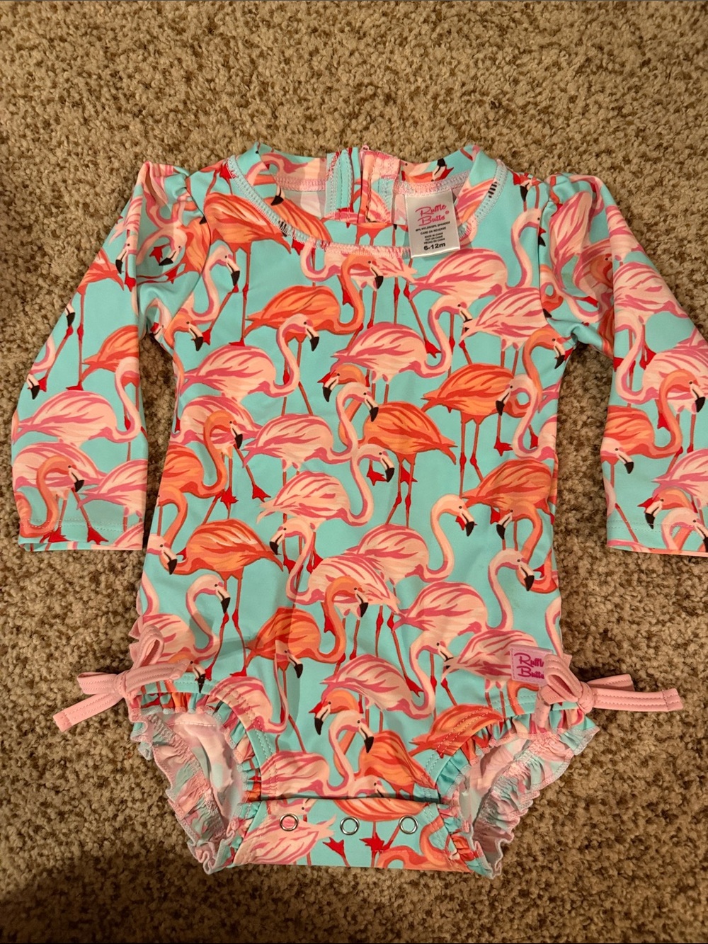 Ruffle Butts Aqua, Pink & Coral Flamingo Long-Sleeve Swim Rashguard